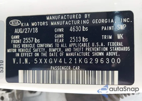 2019 Kia Optima Sx Turbo из США, поврежденный, VIN 5XXGV4L21KG296300